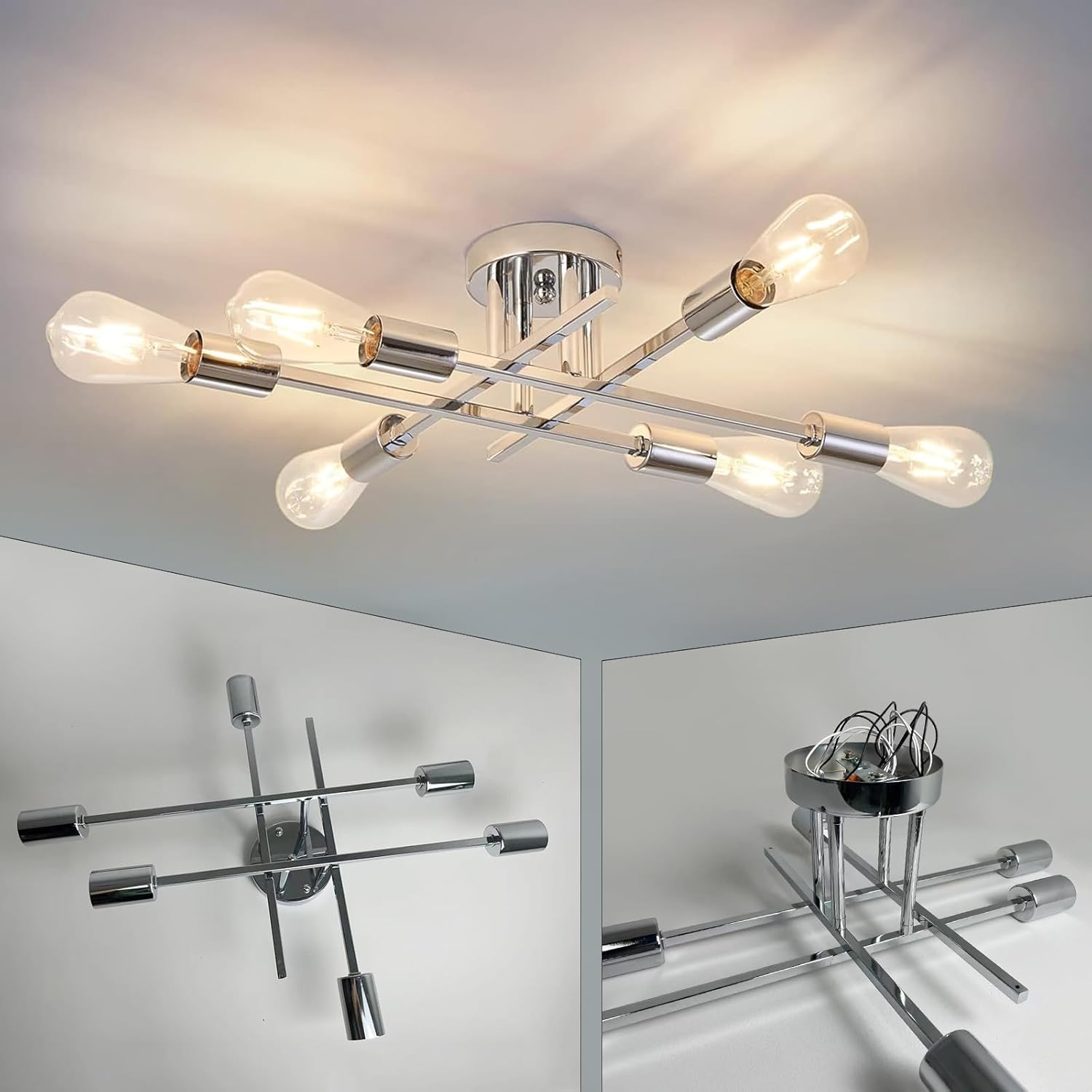 Modern ceiling light fixture with multiple bulbs in a room setting.