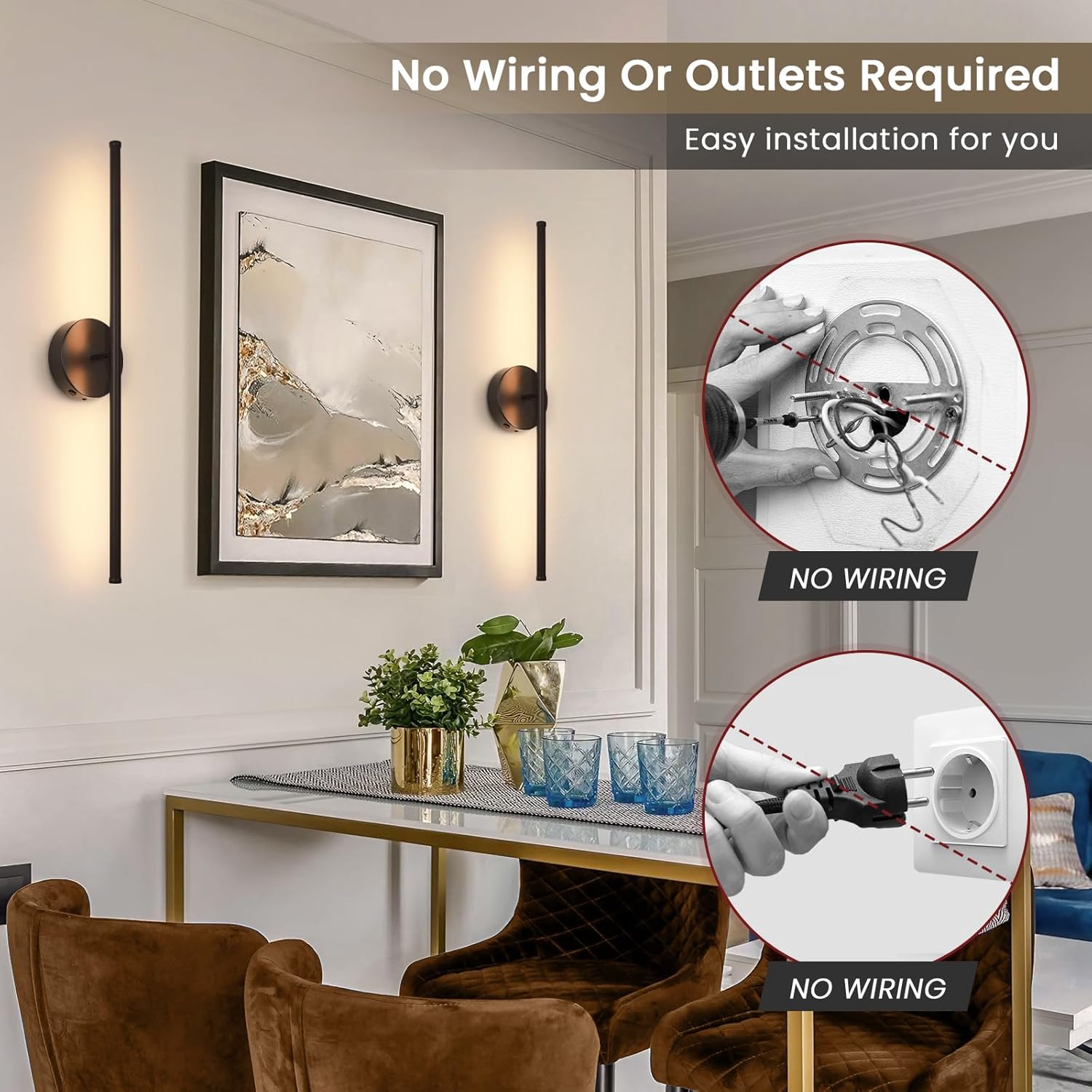 Modern wall sconces in a living room setting with text indicating no wiring required.