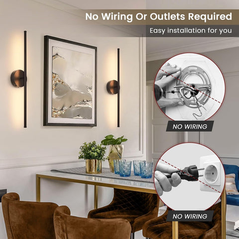 Modern wall sconces in a living room setting with text indicating no wiring required.