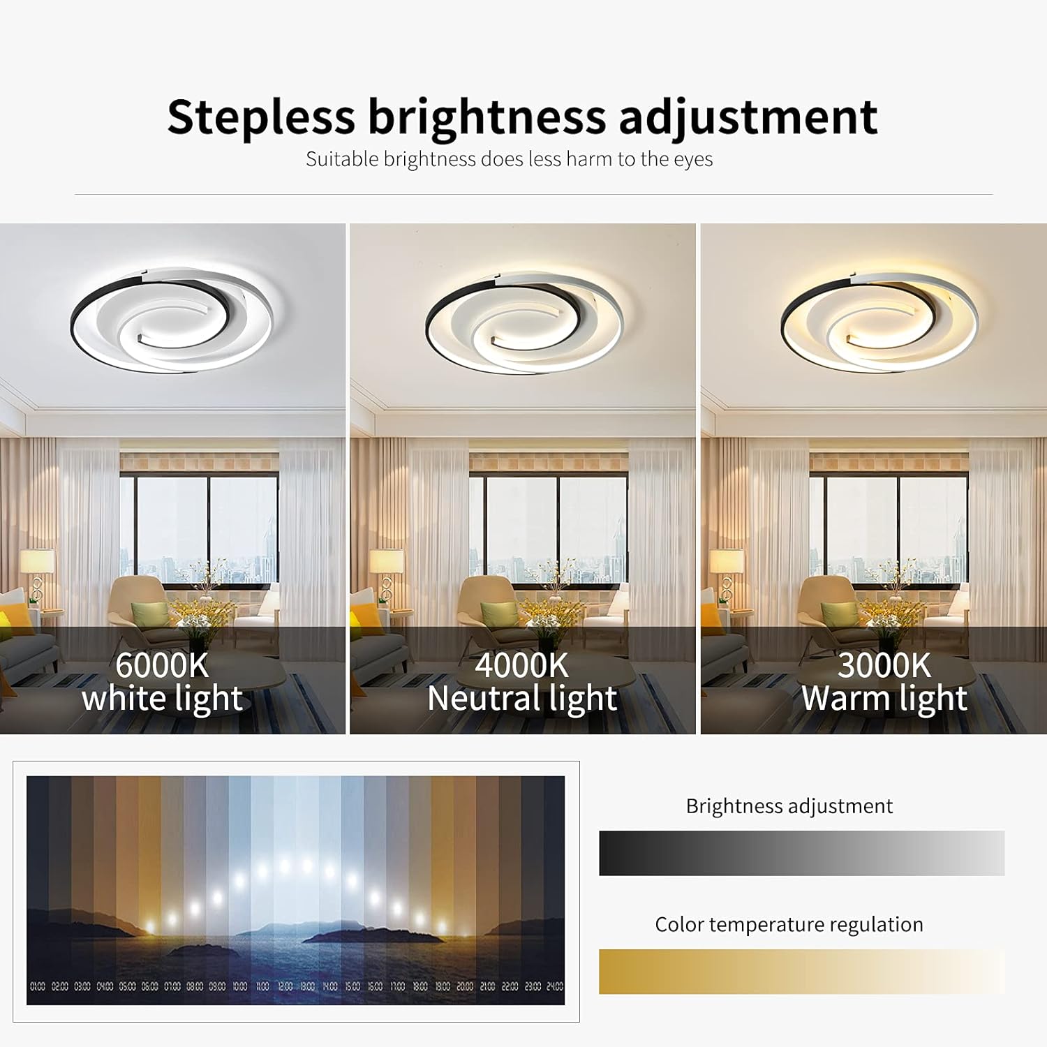 Ceiling light fixture with stepless brightness adjustment and color temperature options in a room setting.