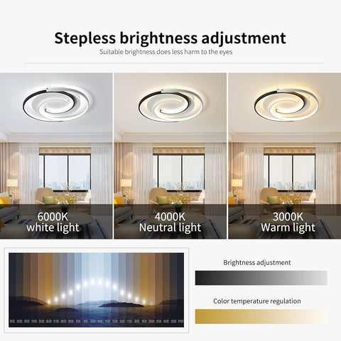 Ceiling light fixture with stepless brightness adjustment and color temperature options in a room setting.