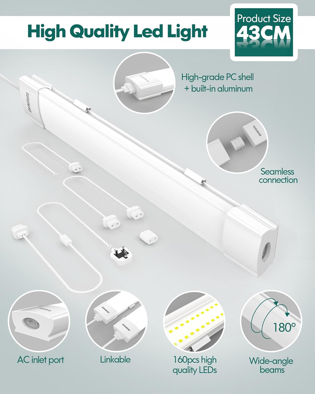 High-quality LED light with features highlighted on a gray background