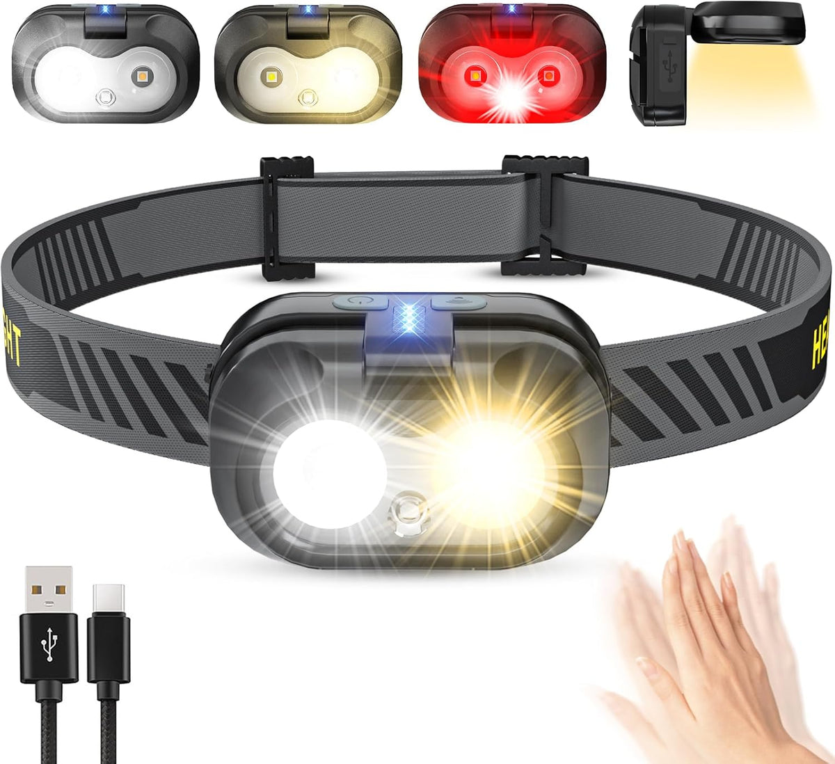 Head Torch Rechargeable ,Led Super Bright 2500LM 50 Hrs Runtime Lightweight Waterproof Headtorch 8 Light Modes & Adjustable Reading Light, Sensor Motion Headlight for Running, Walking, Hiking,Camping