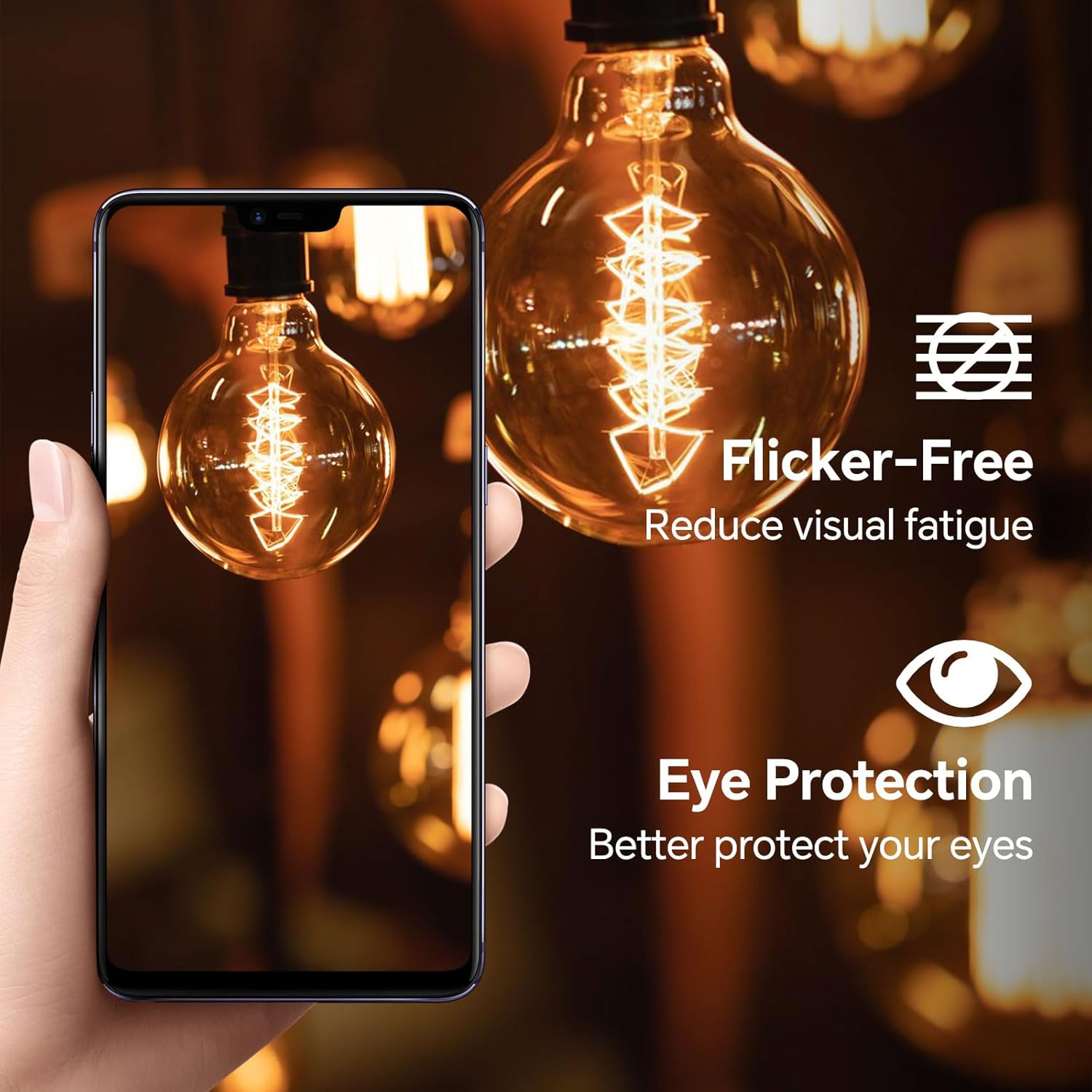 Smartphone displaying a light bulb on screen with text about flicker-free and eye protection.
