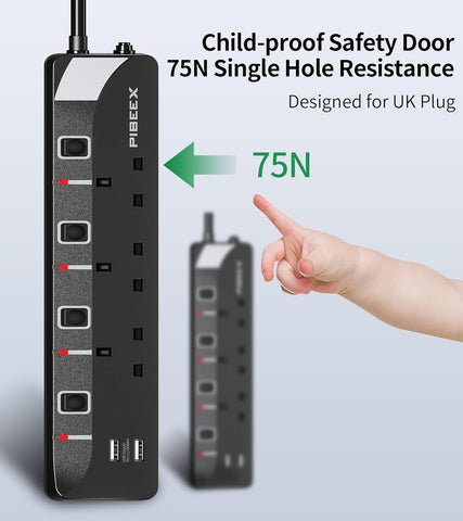 3M Extension Lead with USB Ports, 3 Way Outlets Power Strip with 2 USB Slots UK Power Socket with Individual Switch 3 Meters Plug Extension Wall Mounted Power Strip Black