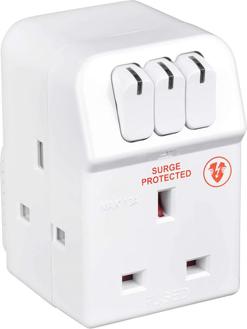 Masterplug MSWG3 Three Socket Surge Protected Adaptor with Individual Switches (Pack of 2)