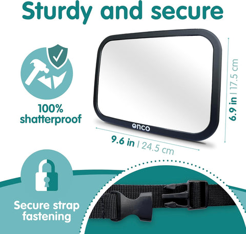 Onco Baby Car Mirror Black – 100% Shatterproof & Shakeproof with 360° Rotation