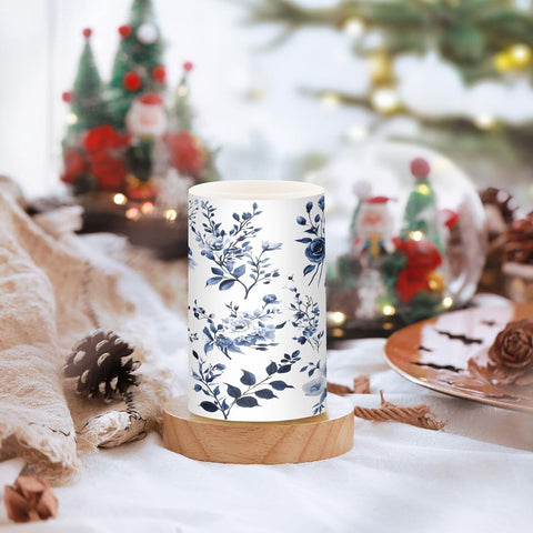 Flickering Flameless LED Candles with Blue & White Porcelain Flower Design, Remote Control & Timer, Set of 2 Battery Operated Candles