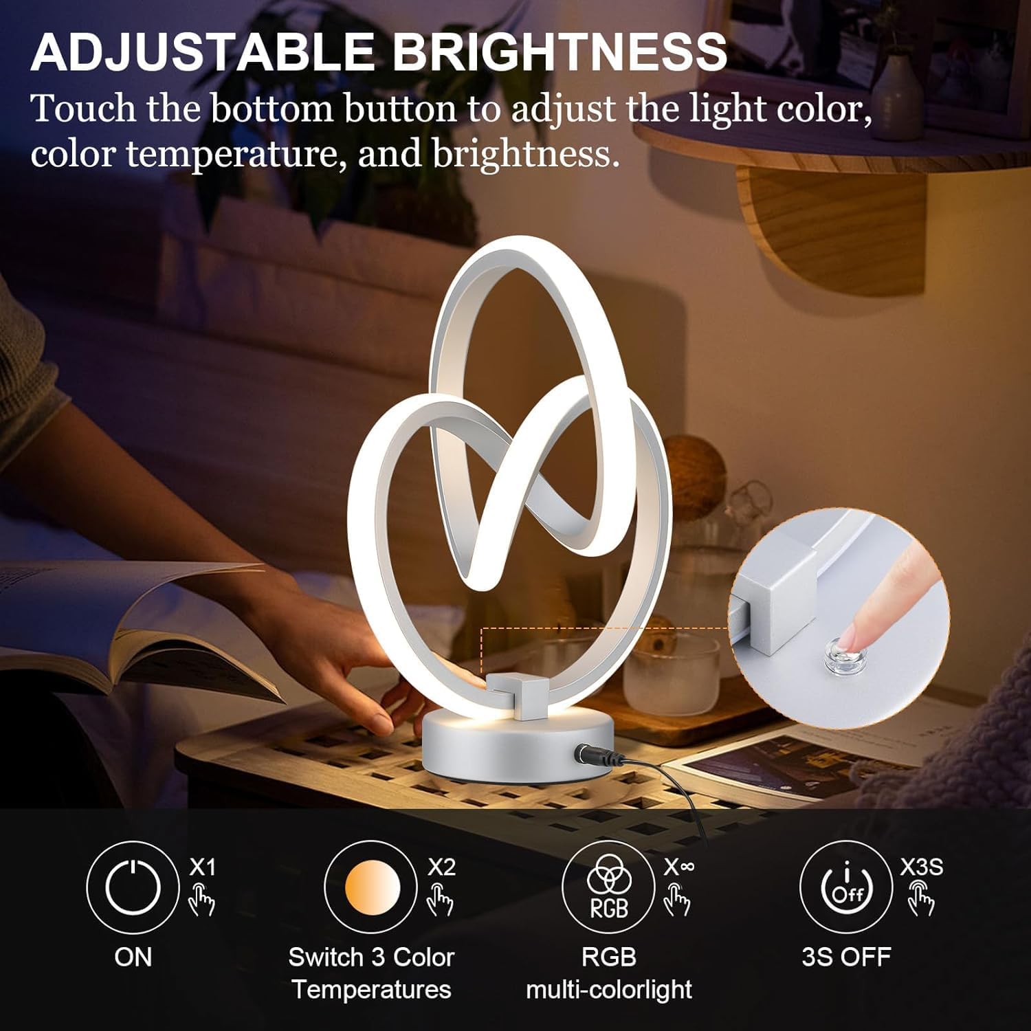 Modern table lamp with adjustable brightness feature on a desk.