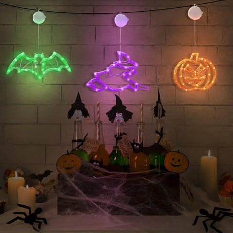 CNMTCCO Halloween Window Lights Set of 3 – Battery Operated LED Pumpkin, Bat & Witch Decorations with 6-Hour Timer and Suction Cups for Indoor Windows