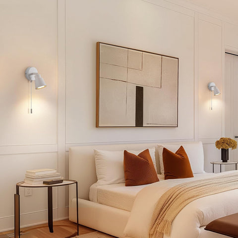 White Wall Lights with Pull Cord Switch GU10 - Modern Pull Cord Light Switch 350° Rotatable - 50W Indoor Wall Sconce Lights for Bedroom Bedside Living Room Kitchen Desk
