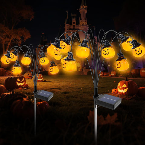 Qoosea Halloween Solar Lights Outdoor 2 Pack Pumpkin Lights, IP65 Waterproof 8 Modes Halloween Garden Ornaments, LED Solar Garden Lamp Festival Decor, Perfect for Pathway Yard Patio Backyard Cemetery