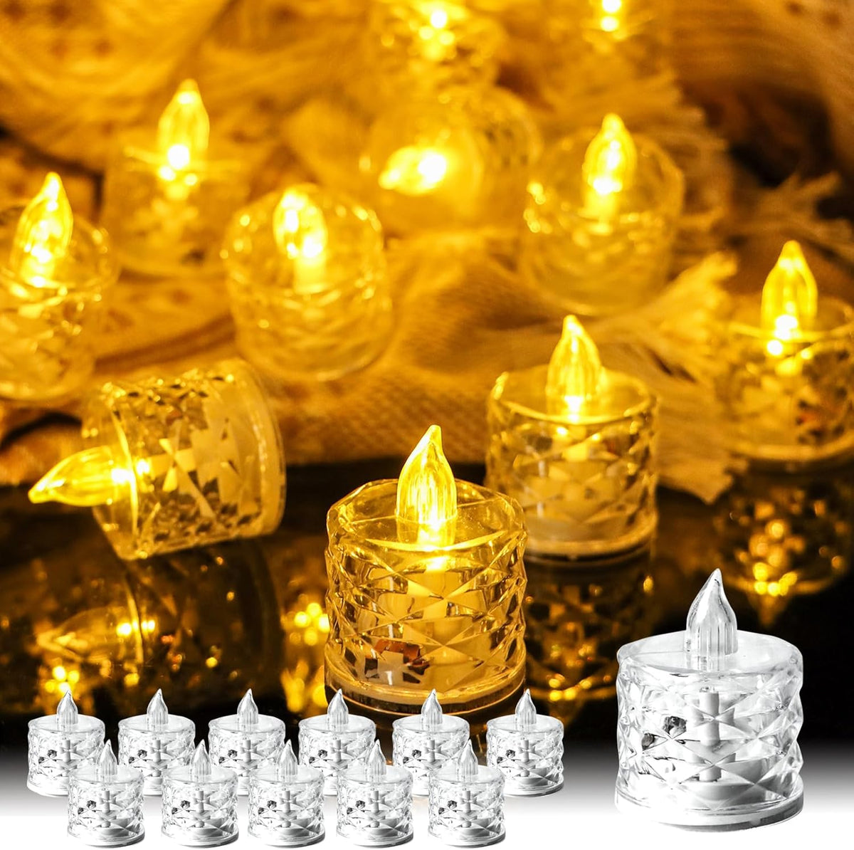 12PCS LED Tea Light Candles, Flameless Crystal Diamond Tealights, Battery Included, Warm White Flickering LED for Wedding, Party & Home Decoration
