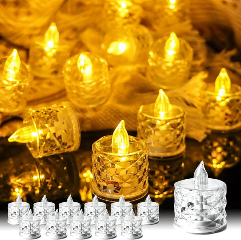 12PCS LED Tea Light Candles, Flameless Crystal Diamond Tealights, Battery Included, Warm White Flickering LED for Wedding, Party & Home Decoration