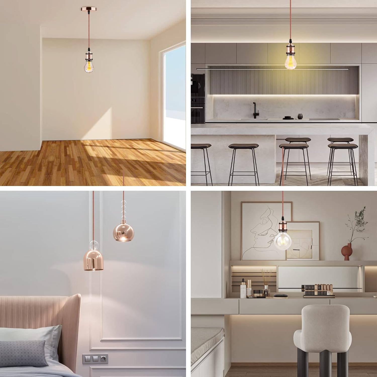 Collage of interior design elements including pendant lights, kitchen, and bedroom.
