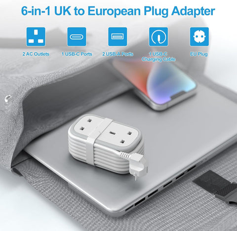 UK to US Plug Adapter with 1.5M Extension Cable, 2 Way Outlets, 3 USB Ports & Retractable USB-C Cable – Type B Travel Adaptor