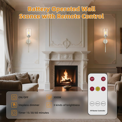 Battery Operated Wall Sconces Set of 2 with Remote and Dimmable LED