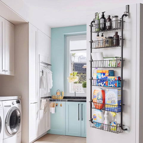 Delamu 8-Tier Over Door Storage Organiser, Adjustable Metal Pantry Shelves, Hanging Spice Rack for Kitchen, Bathroom & Laundry, White