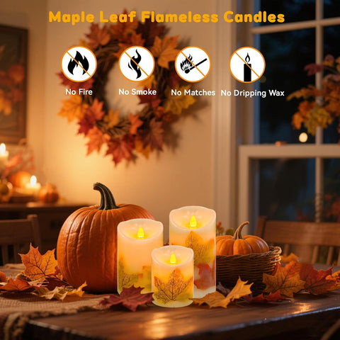 Halloween Flickering Flameless Candles, Set of 3 Candle Lamp with Remote Maple Leaf Battery Operated LED Candle with Timer, Real Wax Pillar Candles Lights Decor for Halloween Fall Thanksgiving Home