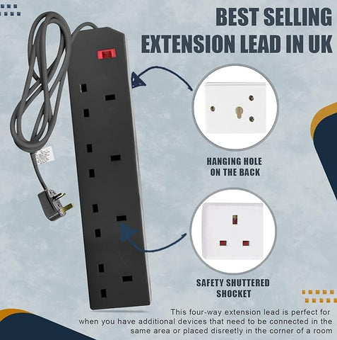 4 Gang 2 Metre Extension Lead with Wall Mount