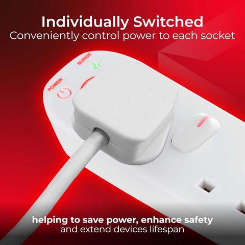Masterplug Six Socket Extension Lead, 2 Metre Cable, Surge Protection, Individual Switches, Power and Surge LED Indicators, 6-Way Plug Extension Cable, Power Strip, White, 13A, 6G, 2m, SWSRG6210N