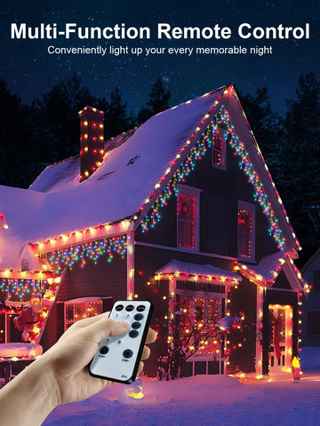 10m Icicle Lights, 320 LED Outdoor Multicolour Christmas Lights – Remote Control, Timer & IP65 Waterproof - Turn Your Roofline Into a Festive Glow