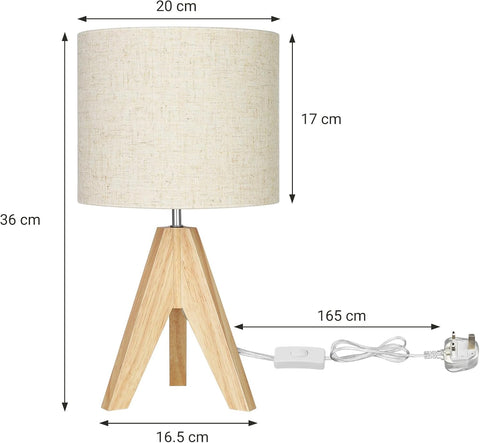 EDISHINE 36cm Wooden Bedside Table Lamp with Beige Linen Lampshade – Tripod Desk Lamp with E27 Base, On-Off Switch & 4W LED Bulb for Bedroom, Living Room, Study & Office