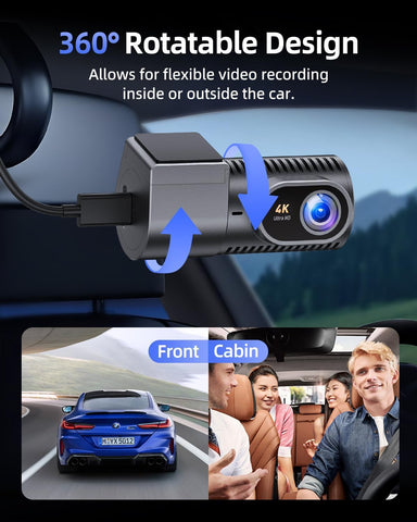 Dash Cam Front 4K Mini with 1.5" IPS Display, 360° Rotation, Grey