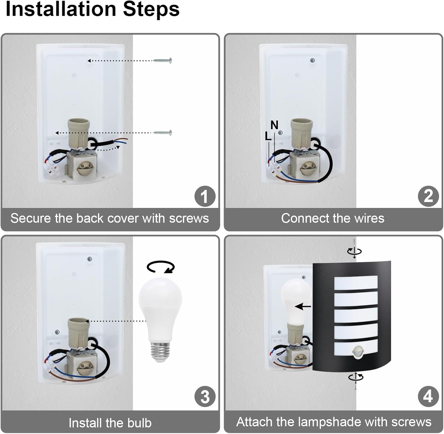 Step-by-step installation guide for a light fixture with labeled steps.