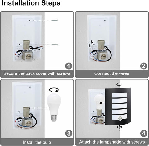 Step-by-step installation guide for a light fixture with labeled steps.