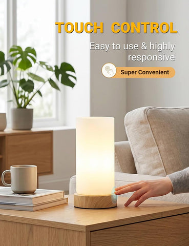 Small Glass Touch Bedside Lamp with 3-Way Dimming, E14 LED Bulb & Wood-Grain Base – Compact Table Lamp for Bedroom, Living Room & Desk