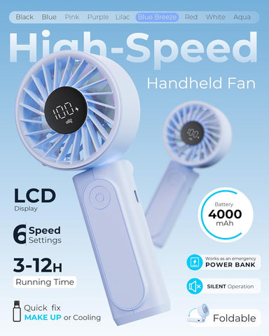 Handheld Fan, Portable Fan with 4000mAh Rechargeable Battery, LED Display Hand Fan with 6 Speeds, Mini Fan 180° Foldable for Home Office Travel Outdoor Bedroom