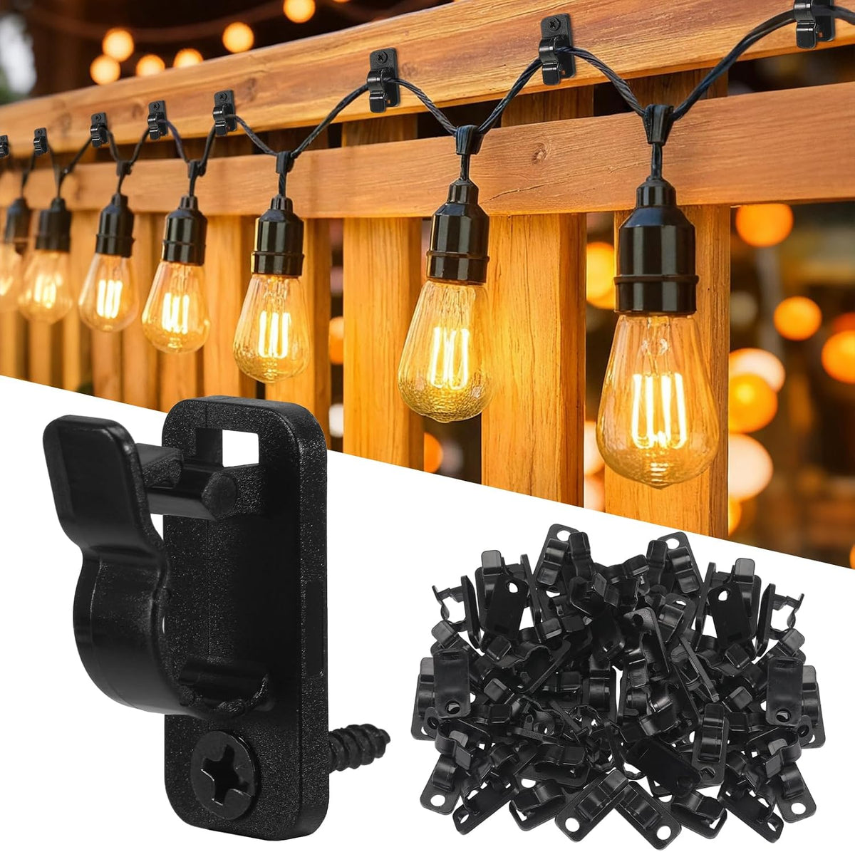 100 Pack Screw-In Hooks for Outdoor String Lights – Black Fence Clips with Stainless Steel Screws for Gardens, Patios & Christmas Decorations – Give Your Favourite Spaces a Little More Glow