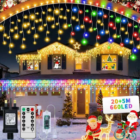660 LED Outdoor Icicle Christmas Lights 25m/82ft – IP65 Waterproof Fairy String Lights with 8 Modes, Remote & Timer for Porch, Roof, Garden & Balcony - Turn Your Home into a Winter Wonderland
