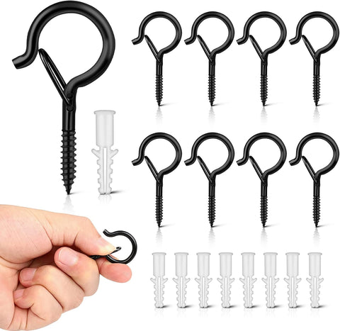 Esteopt 8 Pack Black Q-Hanger Screw-In Hooks with Safety Buckles – Steel Ceiling and Wall Hooks for Outdoor String Lights, Plants, Bird Feeders & Christmas Decorations