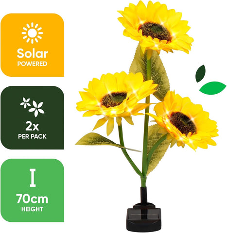 Solar Sunflower Stake Lights Outdoor Garden – Pack of 2 Decorative Solar Garden Lights with 3 Sunflower Heads, Warm White LEDs, Solar Powered Garden Ornaments