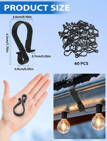 60 Pack Gutter Hooks for Outdoor Lights – S Clips for Hanging Christmas & Fairy Lights on Gutters – Make Festive Lighting Easier to Hang and Easier to Enjoy