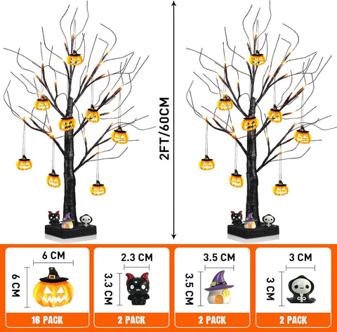 Halloween Tree Lights with Pumpkins, 2FT Black Twig LED Trees Set of 2