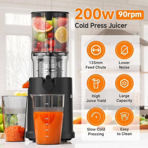 Juicer Machine 135MM Wide Chute 200W Cold Press Slow Juicer 1.5L
