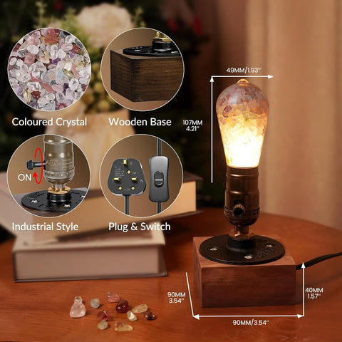 Lustaled Vintage Industrial Table Lamp with Wooden Base & Crystal-Filled E27 LED Bulb – 5W 3000K Warm White Bedside Lamp with 1.8m Cable for Bedroom, Desk & Living Room