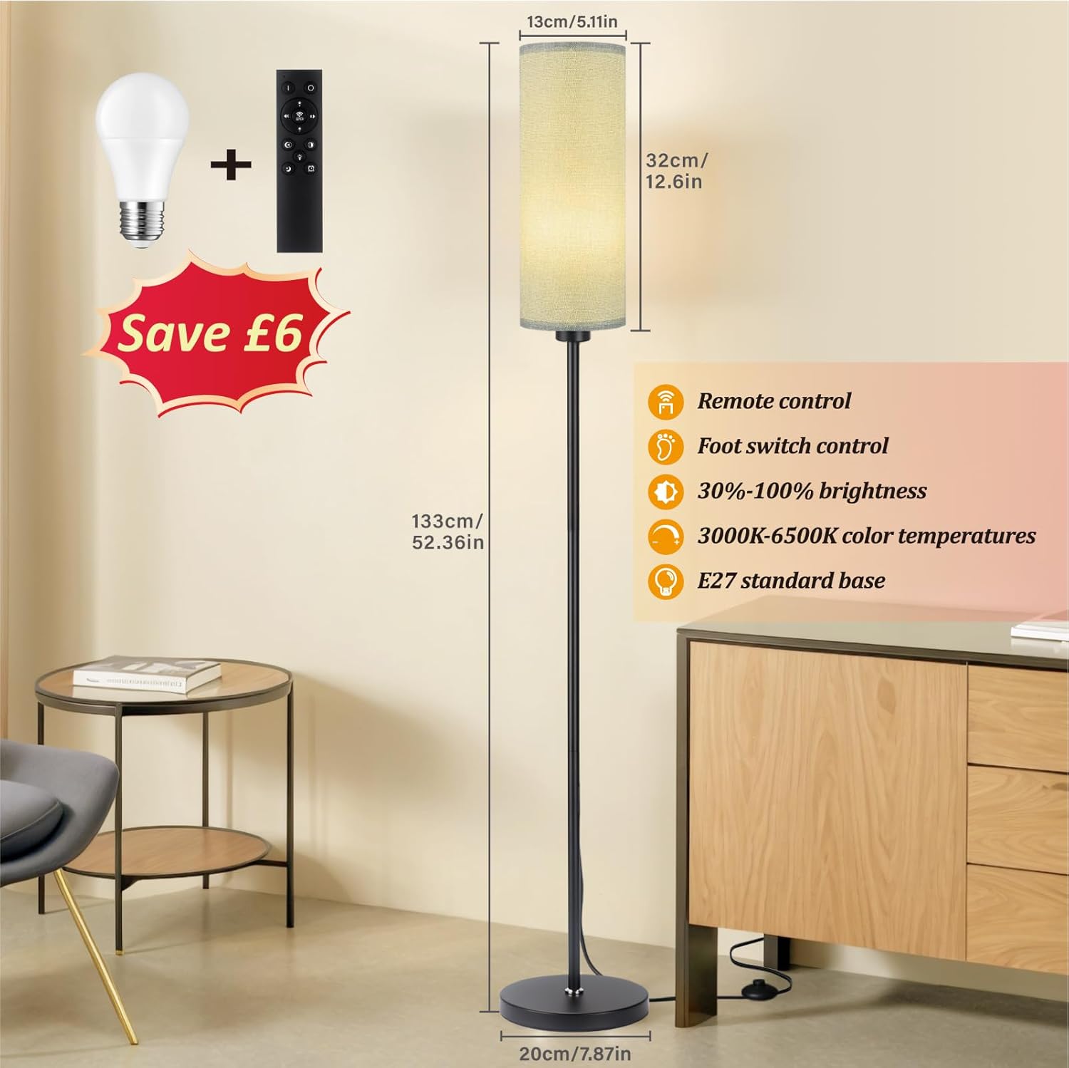 Floor lamp with remote control and light bulb, shown in a room setting.