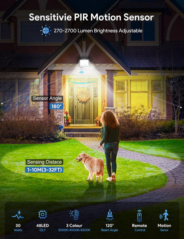Outdoor security light with motion sensor in front of a house, featuring a woman and dog.