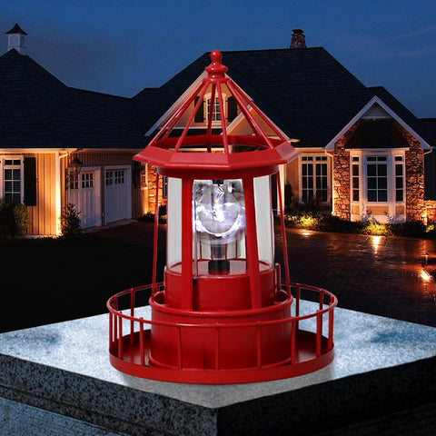 Solar Lighthouse Lamp Auto 360° Rotation Lighthouse Light Waterproof Decorative Metal Solar Garden Lights for Balconies Garden Decorations 5.9x8.3 Inch Red, Pathway Lighting
