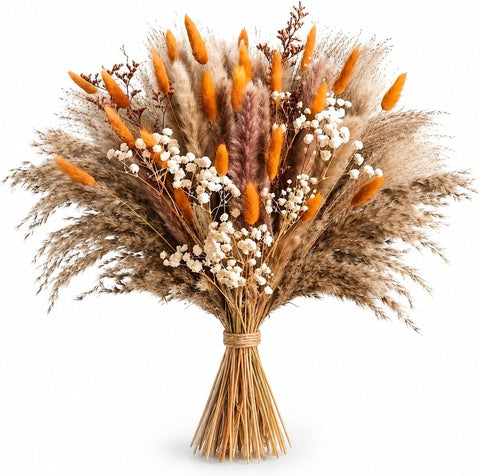 82 Pcs Dried Flowers Bouquet for Fall Decor, Autumn Pampas Grass Decor 44cm Orange natural dried flowers for autumn decor, vase filler and wedding table centrepiece; DIY pack, no vase included.