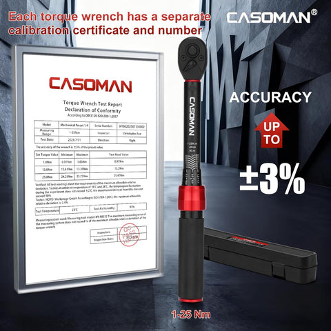 CASOMAN 1/4-Inch Drive Torque Wrench 1–25Nm Bike Torque Wrench ±3% Accuracy Cr-V Steel 72-Tooth Dual Direction Ratchet Tool for Bicycle Car Maintenance UK