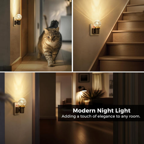 Modern night light fixture in various settings with a cat and staircase.