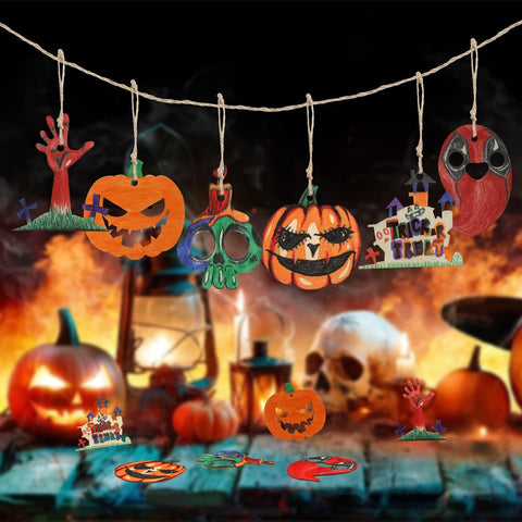 DERAYEE 20PCS Halloween Wooden Ornaments Kit – Unfinished Wood Cutouts with Watercolour Pens & Jute Twine for DIY Halloween Crafts, Tree, Window & Party Decorations