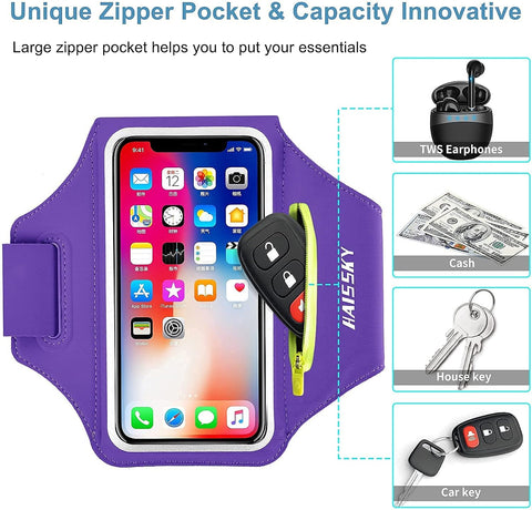 Running Armband with Airpods Pocket Black Sweatproof Gym Phone Holder Purple