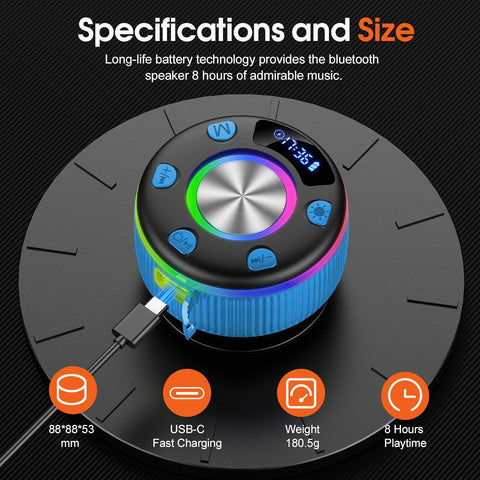 Bluetooth speaker with charging cable and specifications on a dark background
