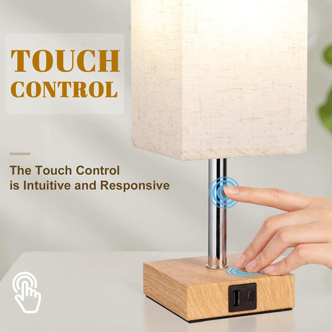 Aooshine Touch Bedside Lamp with 3-Way Dimmable LED Bulb & USB A+C Charging Ports – Minimalist Table Lamp for Bedroom, Living Room, Kids Room & Study